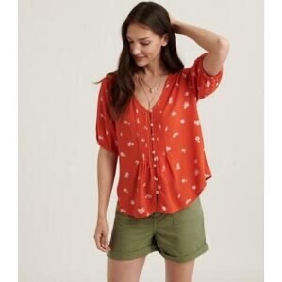 LOFT Plus Floral V-Neck Blouse with Ruffle Sleeves Rust Orange - Size 22 - Picture 1 of 7